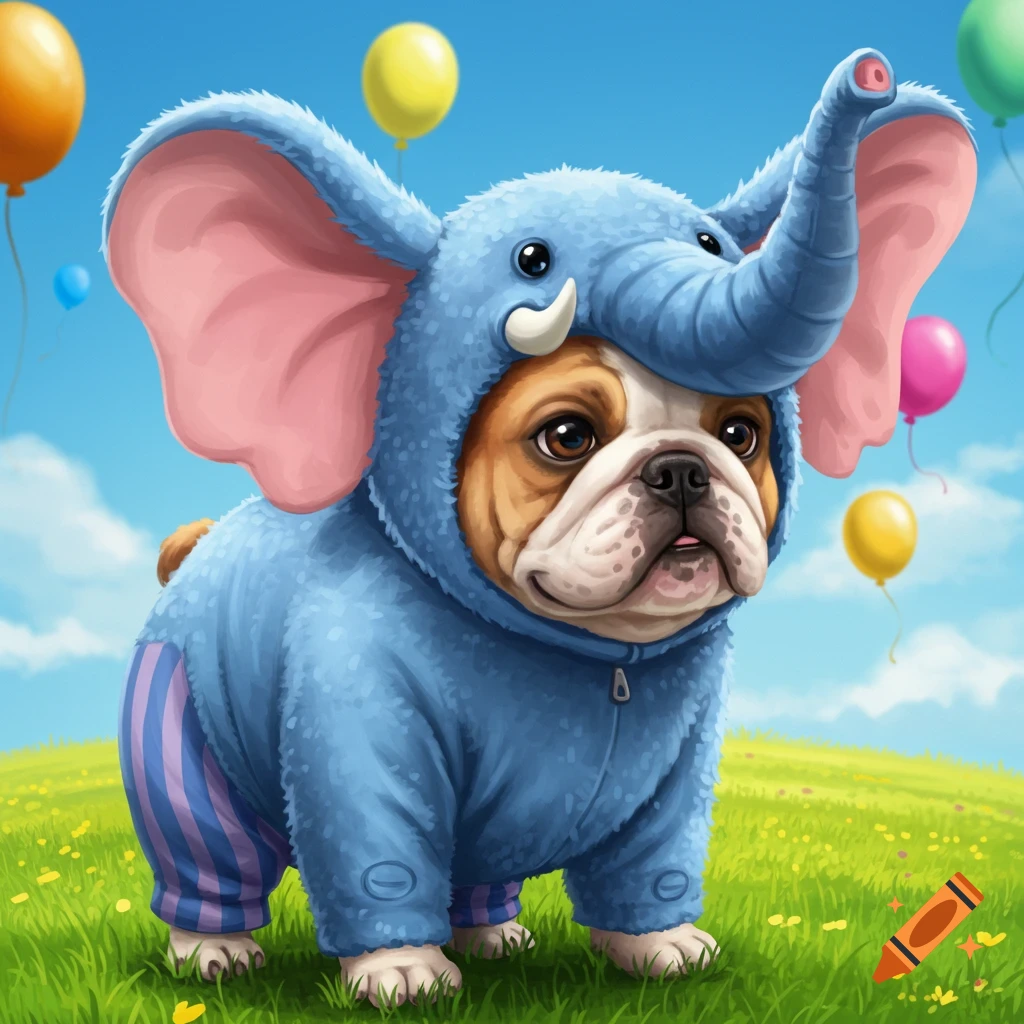 A cute bulldog in a blue elephant costume stands on a grassy hill with colorful balloons under a blue sky.