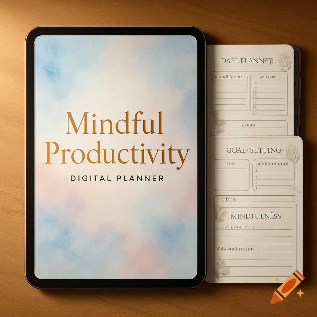 A digital tablet displays a 'Mindful Productivity Digital Planner' cover, next to open digital planner pages with various sections.