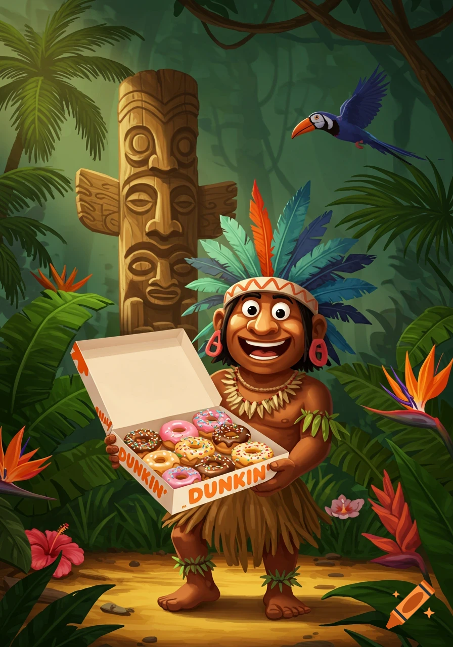 A cartoon tribal man in a jungle holds an open box of Dunkin' donuts with a tiki totem and bird.