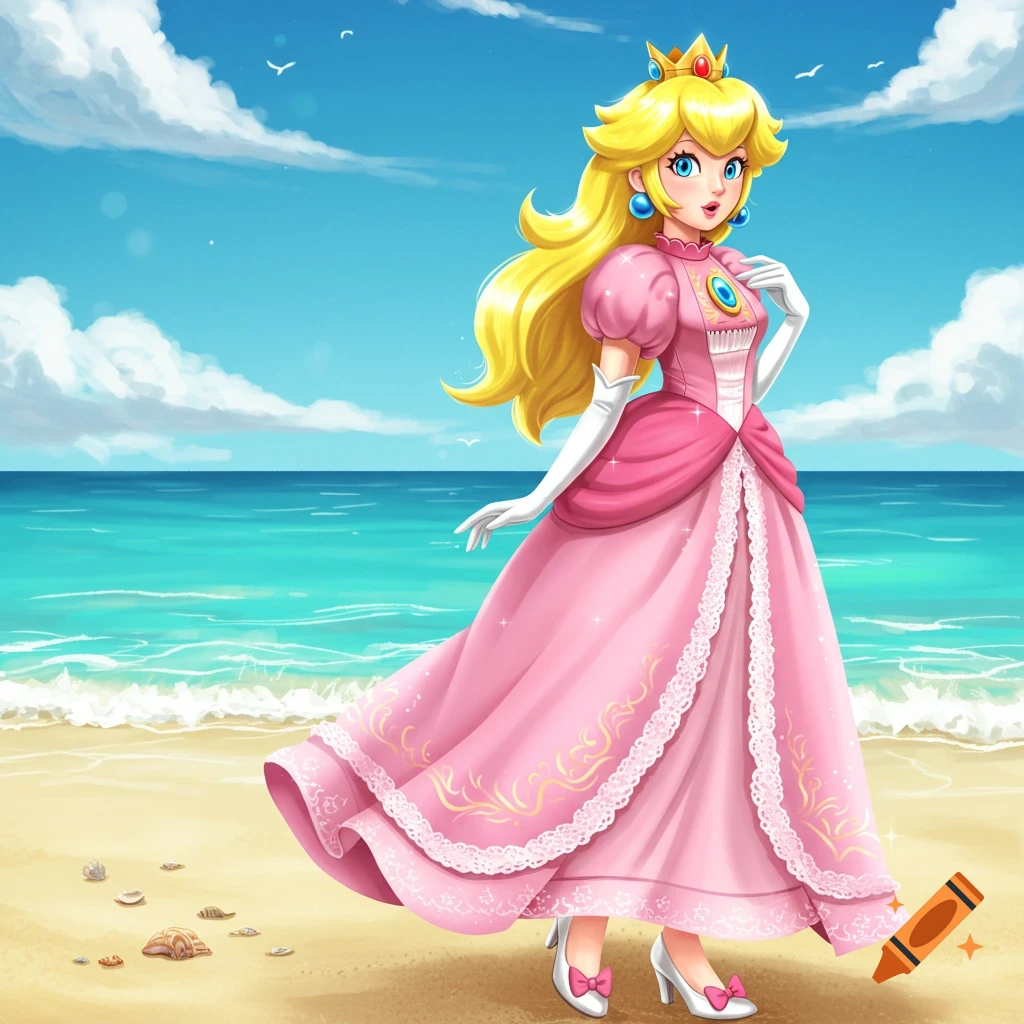 Princess Peach in a pink glitter dress and white heels with pink bows stands on a sunny beach with blue ocean and sky, illustration.