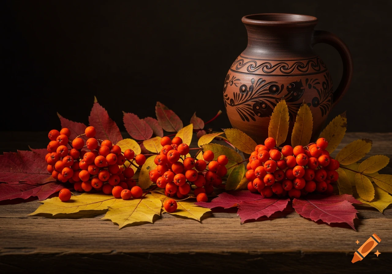 Still life with bright red rowan berries, colorful autumn leaves, and an ornate clay jug on a rustic wooden table.