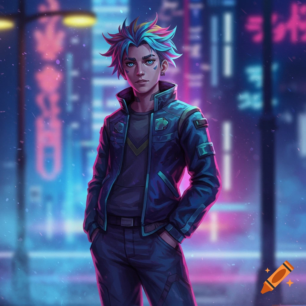 Anime illustration of a young man with spiky rainbow hair, dark jacket, in a neon cyberpunk city at night.