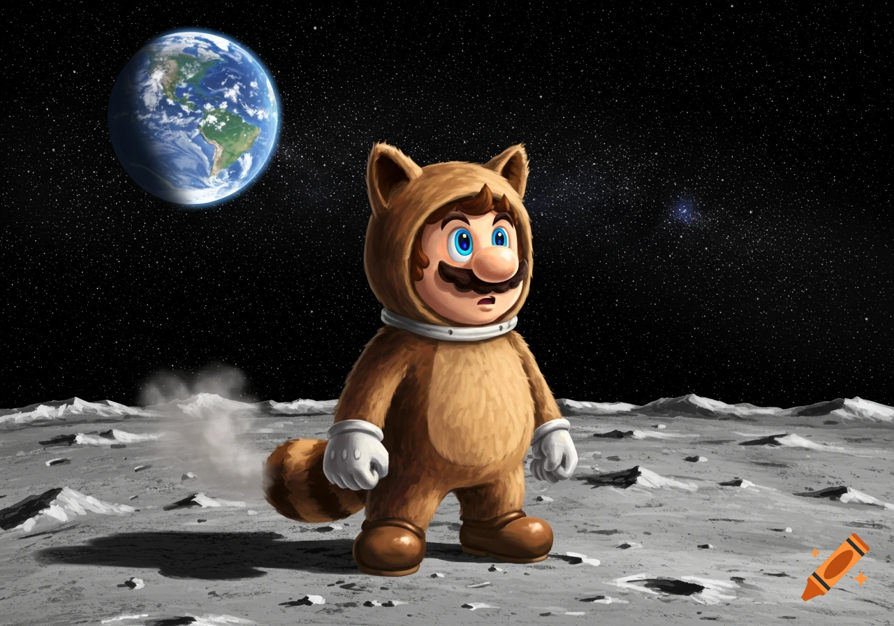Mario in a raccoon costume stands on the gray, cratered moon surface, looking surprised, with Earth glowing in the dark, star-filled sky.
