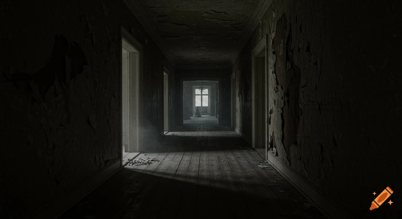 A long, dark hallway in an abandoned house with peeling wallpaper, wooden floors, and dim lighting, leading to a bright window at the far end.