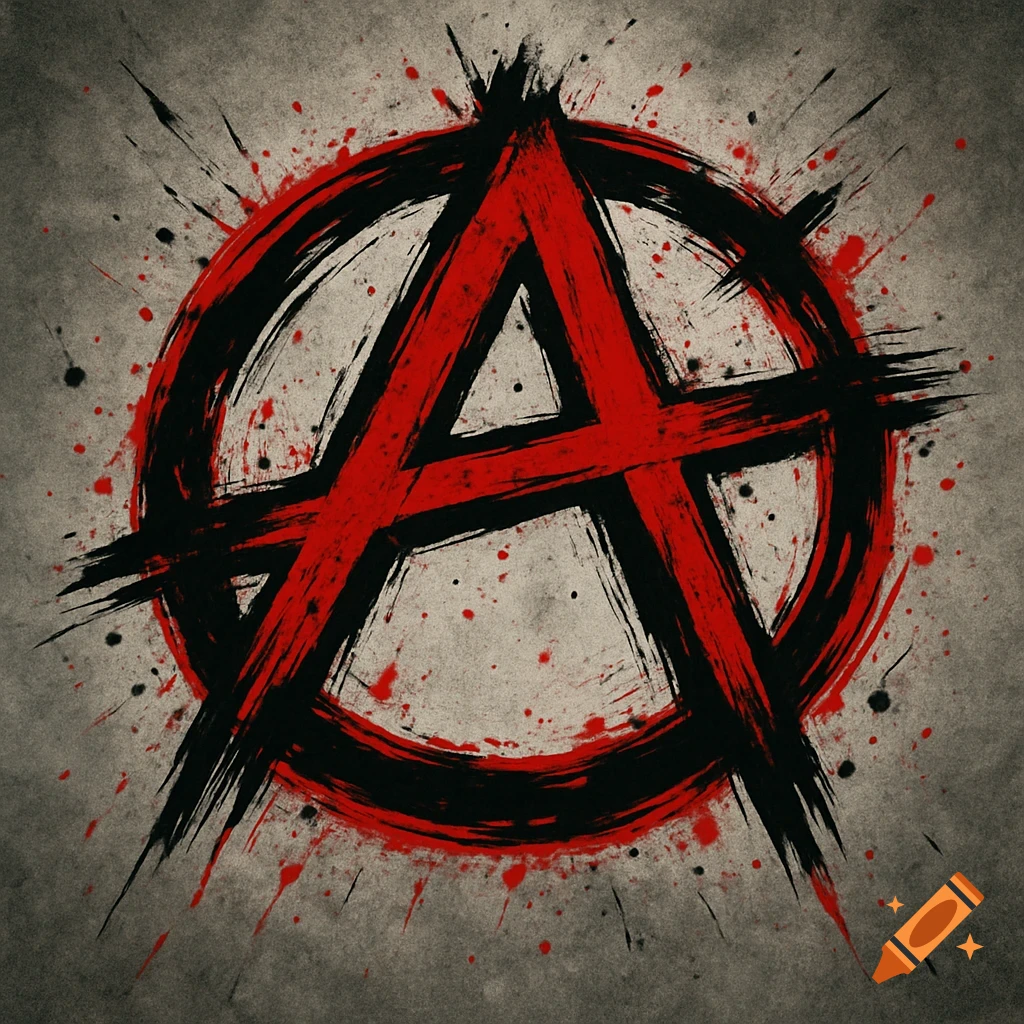 A red 'A' inside a black circle, forming the anarchy symbol, rendered in a grunge, splattered paint style on a textured gray background.