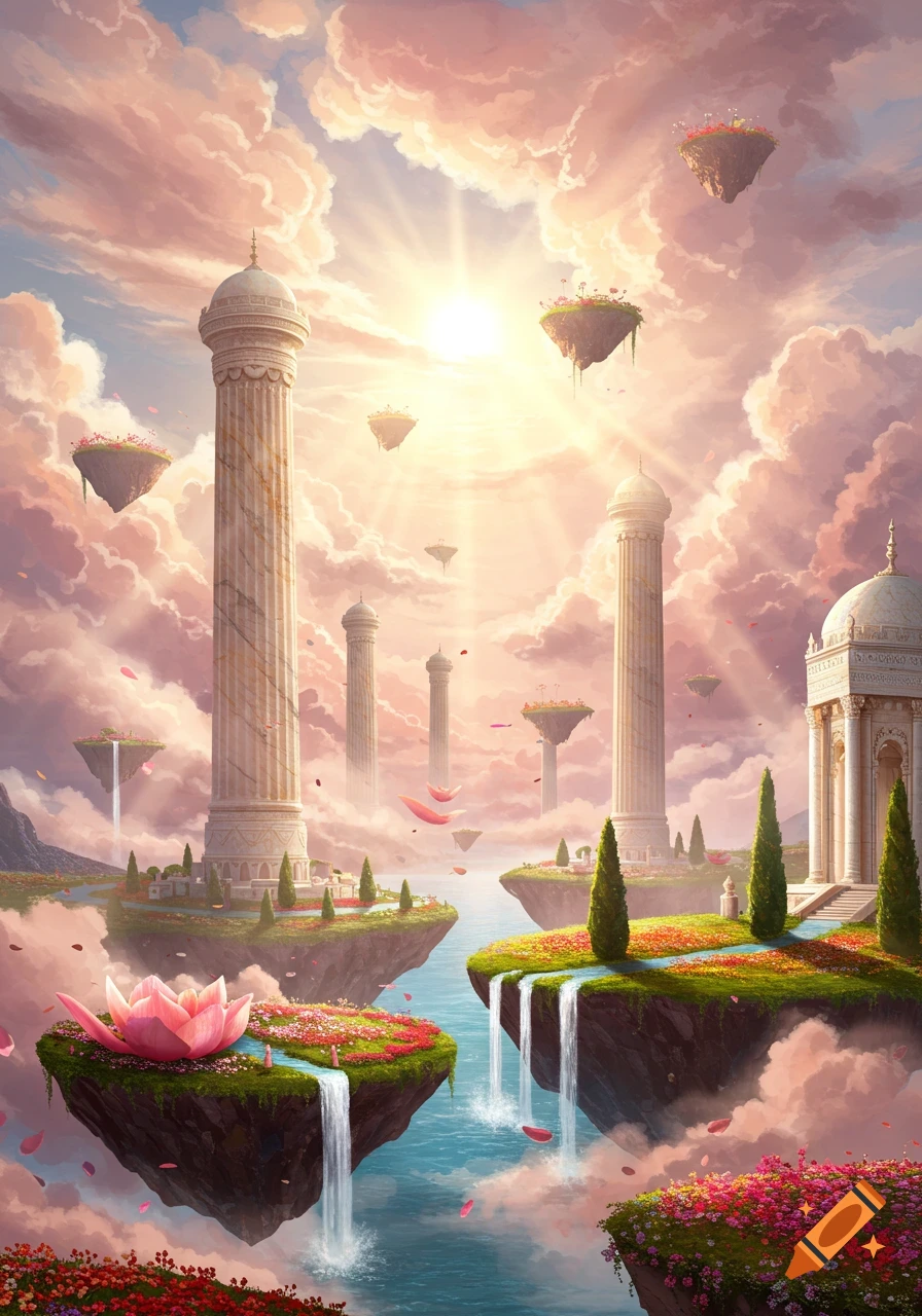 A vibrant fantasy landscape featuring floating islands with tall marble towers, lush green and floral gardens, and waterfalls flowing into an azure sky. The scene is bathed in bright sunlight through pink and white clouds.