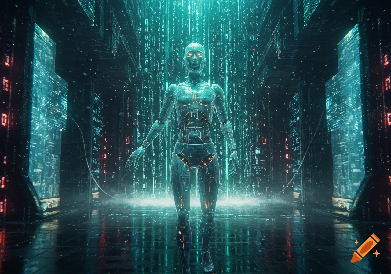 A translucent humanoid robot with glowing eyes stands in a dark, futuristic digital city with falling binary code.