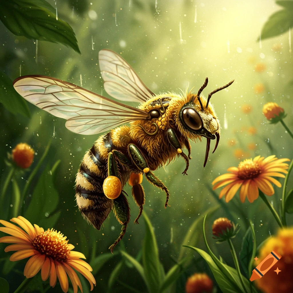 Detailed illustration of a honey bee with snake-like features flying amidst vibrant yellow flowers in a sun-dappled green garden.