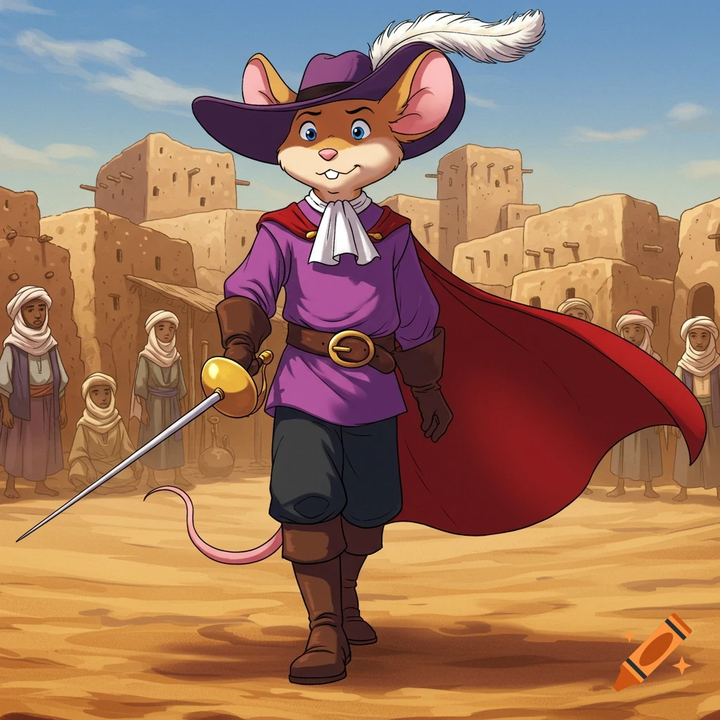 A cartoon anthropomorphic mouse dressed as a musketeer, with a purple hat, cape, and rapier, walks through a desert village with adobe buildings.