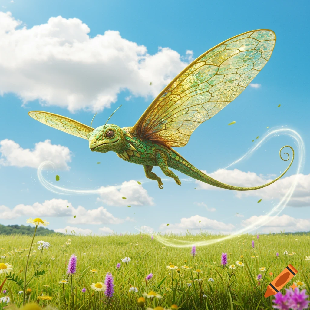 A green, winged, lizard-like creature with insect wings flies over a vibrant green meadow filled with colorful wildflowers under a blue sky.