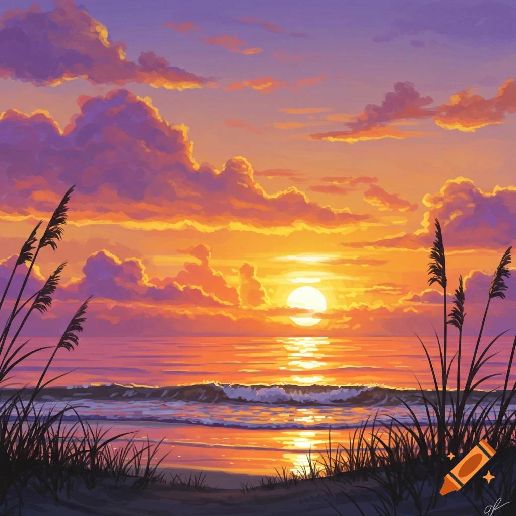 Vibrant digital painting of a sunset over the ocean with orange and purple clouds, bright sun reflecting on waves, and sea oats.