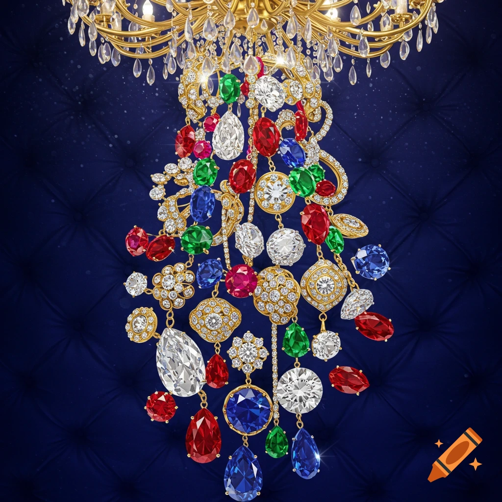 A golden chandelier with a cascade of red, green, blue, and clear gemstones and gold jewelry against a dark blue tufted background.