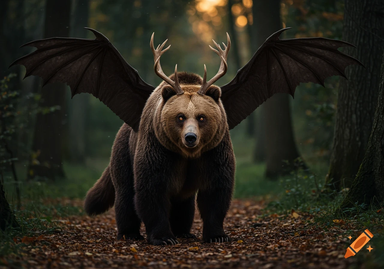 A majestic brown bear with large black bat wings and deer antlers stands in a forest with glowing orange eyes.