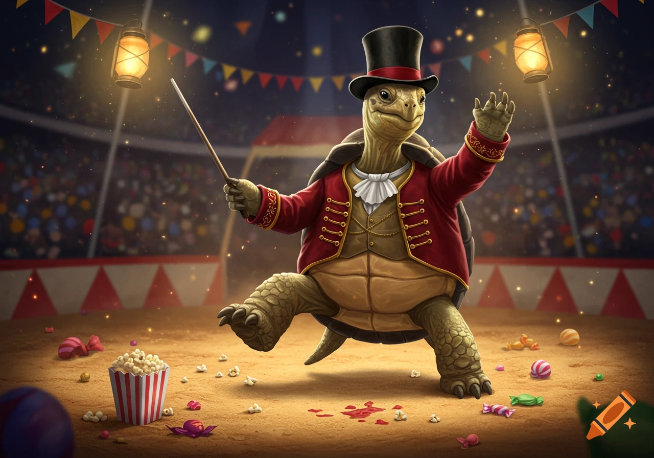 A cheerful tortoise ringmaster wearing a red coat and top hat, holding a wand, and waving in a circus ring with popcorn and candy. Stylized digital art.