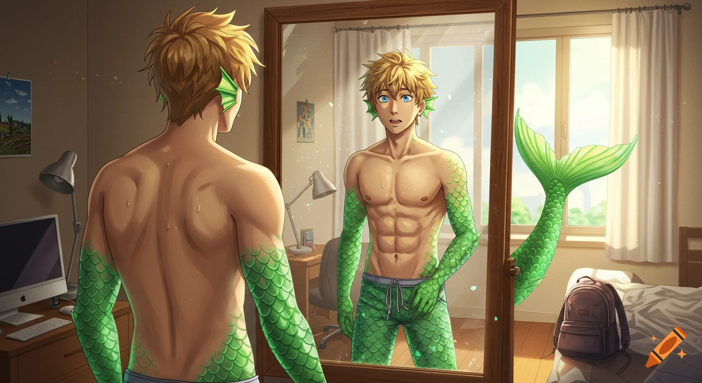 Anime-style blond man with green scales looks surprised at his merman reflection in a bedroom mirror on a sunny morning.