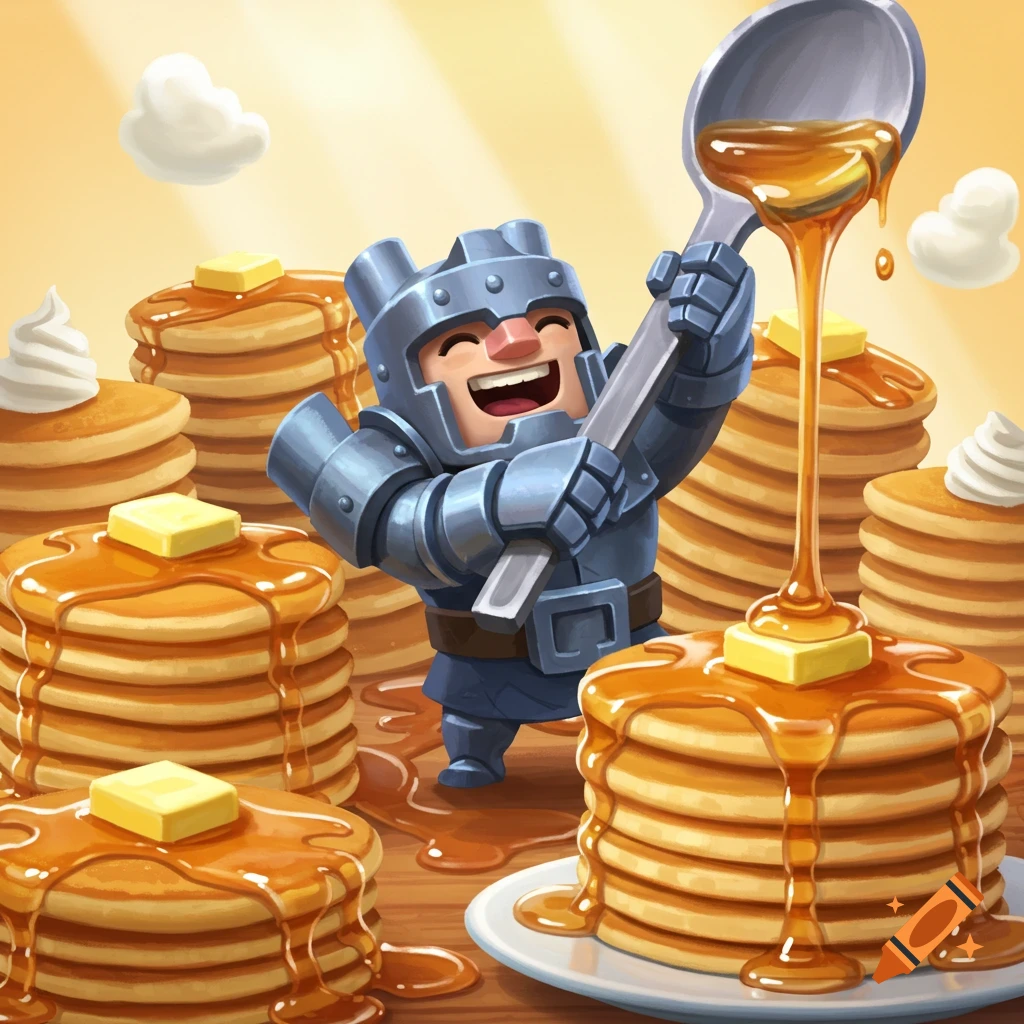 A happy cartoon knight in armor gleefully pours syrup from a large spoon onto a stack of pancakes, surrounded by more pancakes.