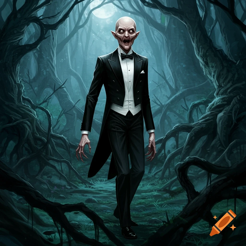 A gaunt, pale, bald monster with glowing eyes, pointy ears, and long claws wears a black tuxedo, walking through a dark, gnarled forest under a full moon.