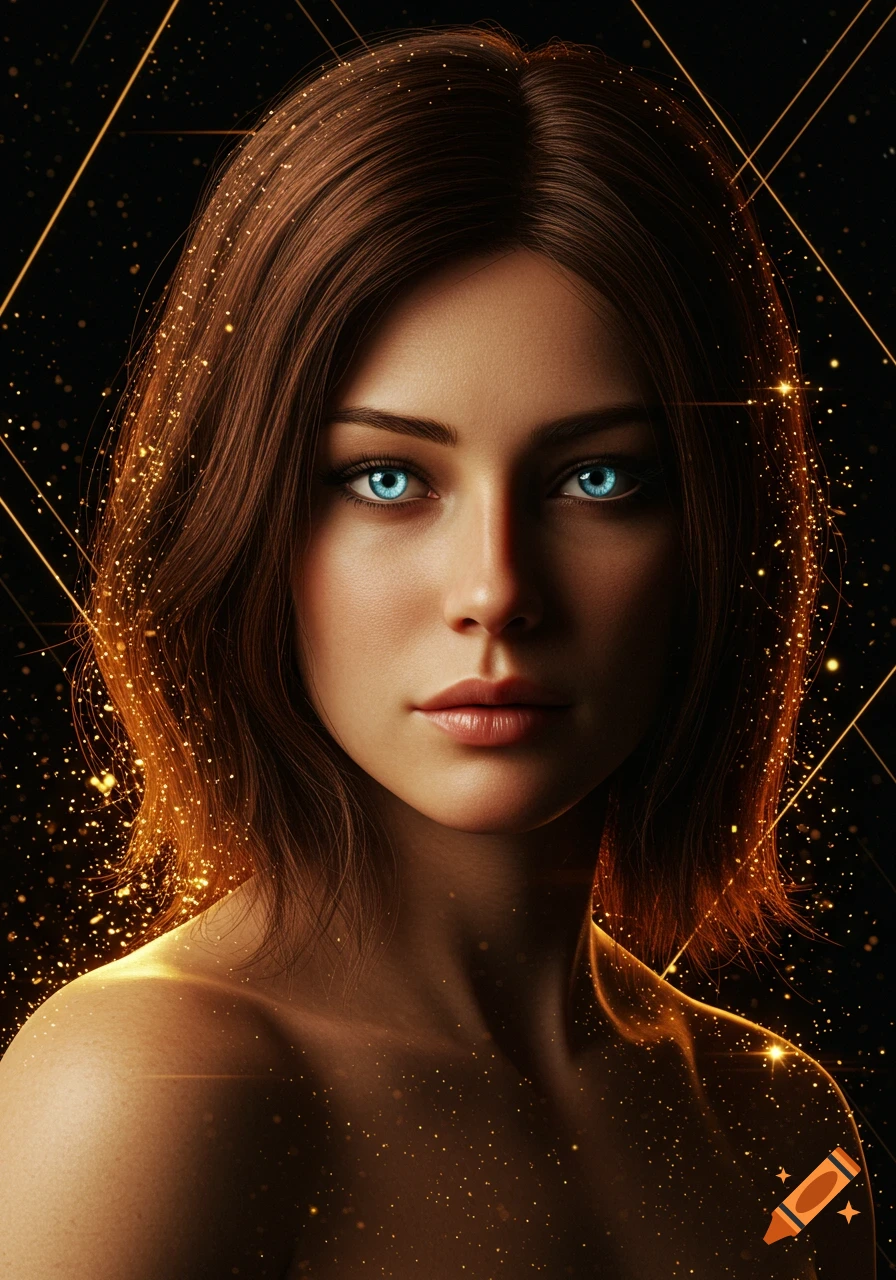Hyperrealistic portrait of a woman with glowing blue eyes, brown hair, surrounded by golden sparkles and cosmic lines.