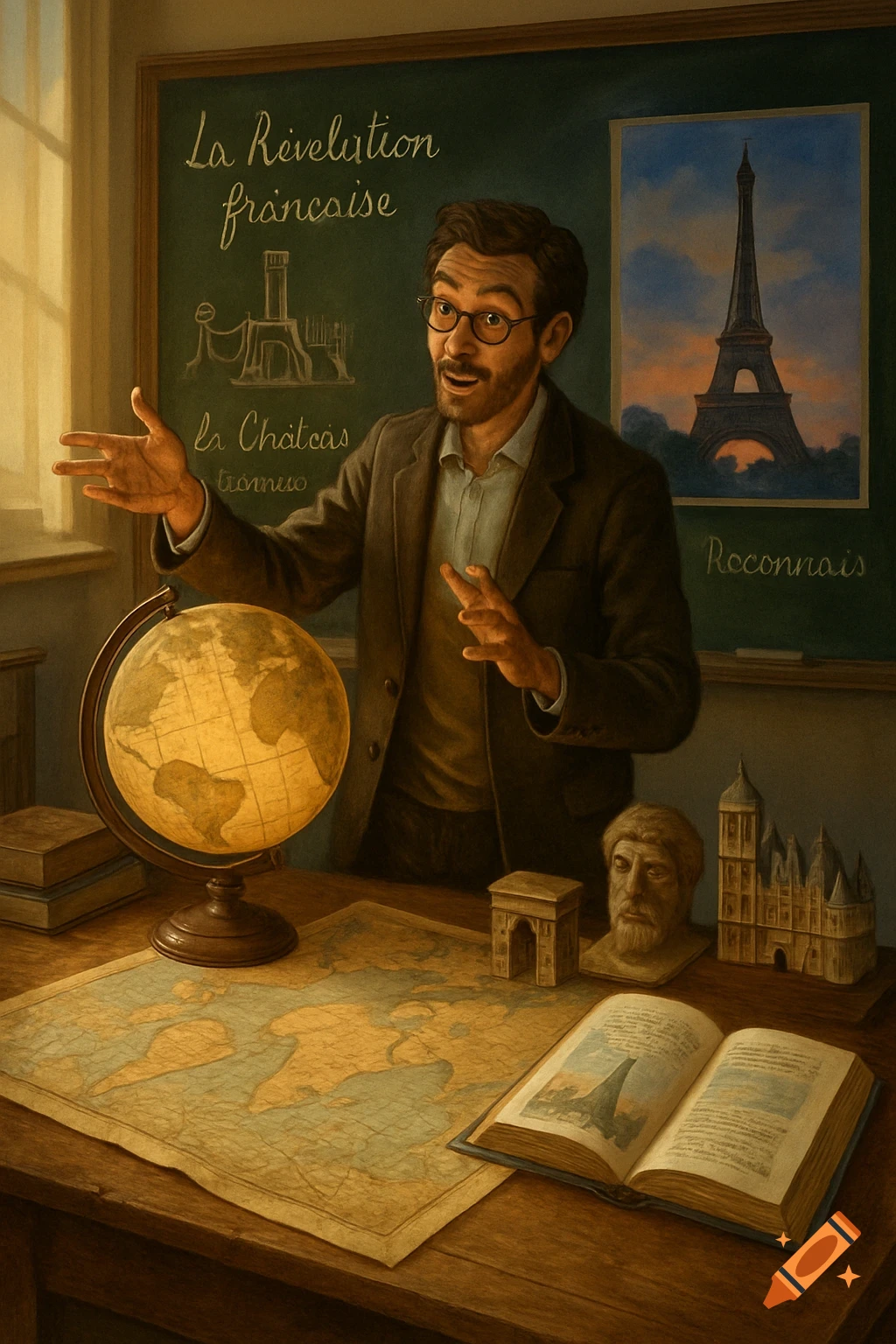 A history teacher with glasses and a beard stands in a classroom, gesturing towards a blackboard with French text, next to a globe, map, and an open book. A picture of the Eiffel Tower is on the board.