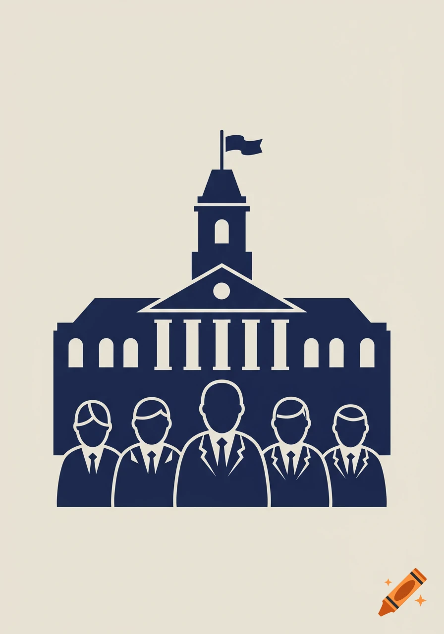 A dark blue pictogram of a government building with a flag and five figures in suits below it, on a light background.