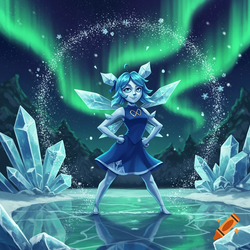 A blue-haired ice fairy with crystal wings and a blue dress stands on a frozen lake under green aurora borealis.