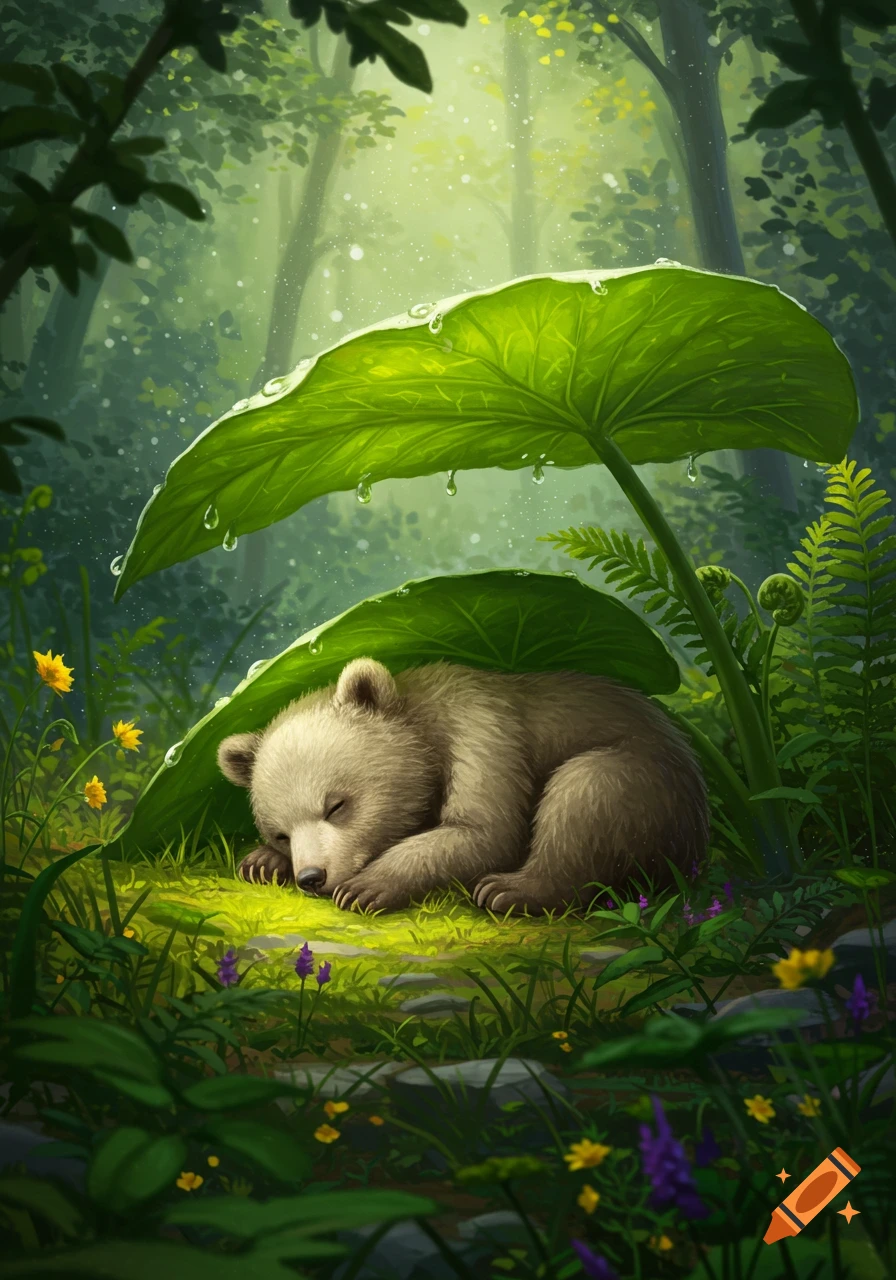 A small, light brown bear sleeps peacefully under a large, dew-covered green leaf in a lush, sun-dappled forest.