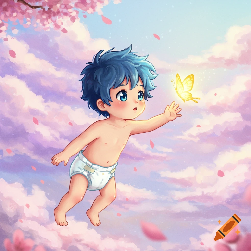 Anime baby boy with blue hair in a diaper reaches for a glowing yellow butterfly among pink clouds and cherry blossoms.