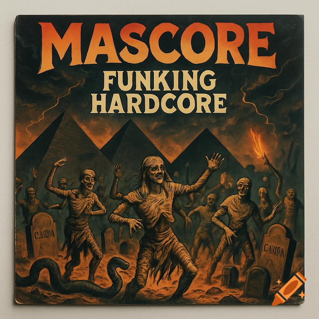 An orange and black album cover with text "MASCORE FUNKING HARDCORE" above dancing mummies and zombies in a cemetery with pyramids at dusk.