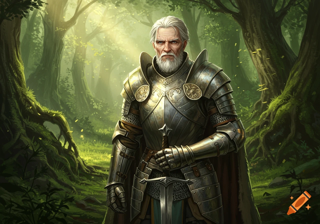 An old knight with white hair and beard, wearing shining armor and holding a sword, stands in a sunlit green forest.