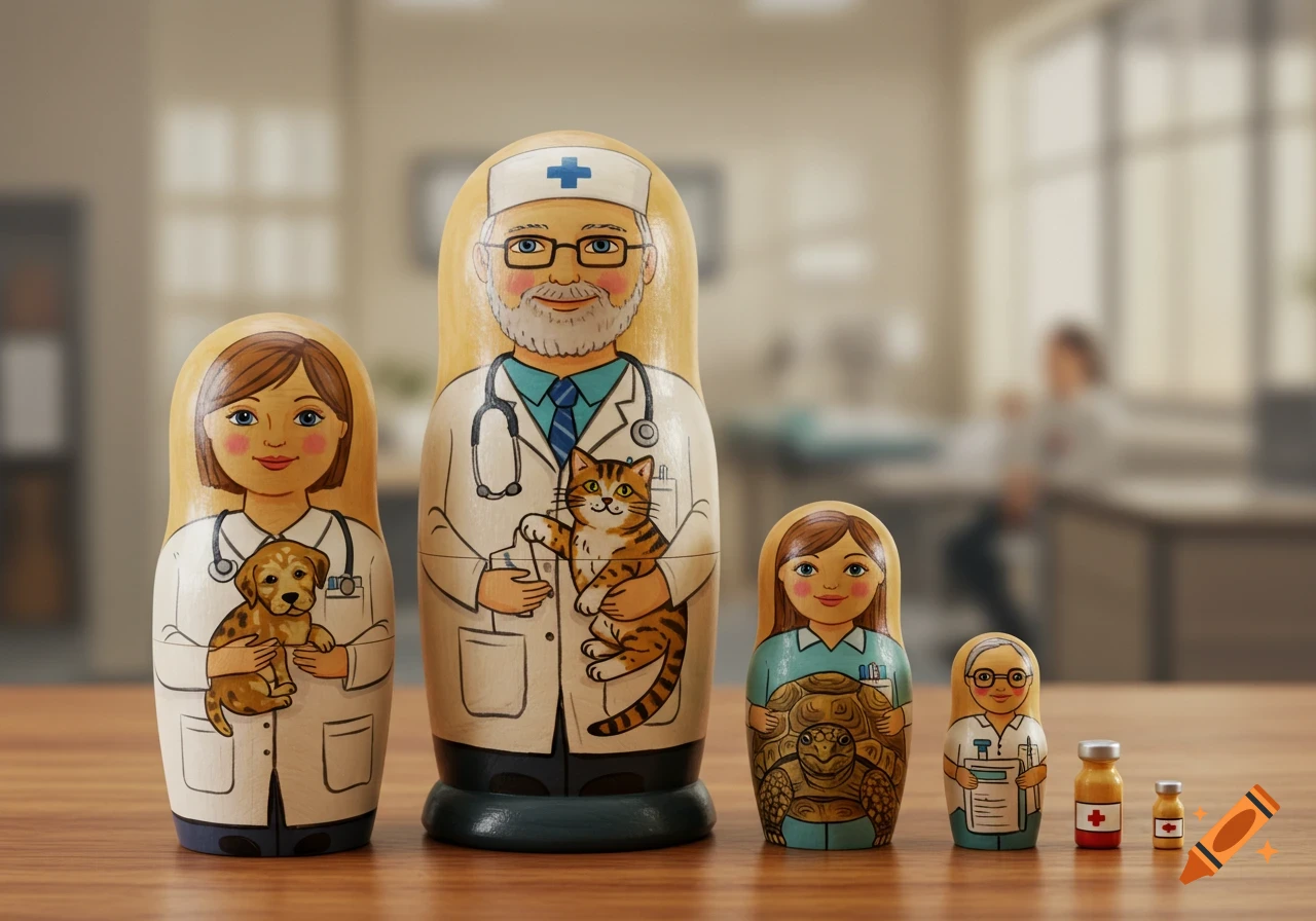 Five matryoshka nesting dolls of veterinarians holding a puppy, cat, and turtle, with two small medicine bottles on a wooden table.