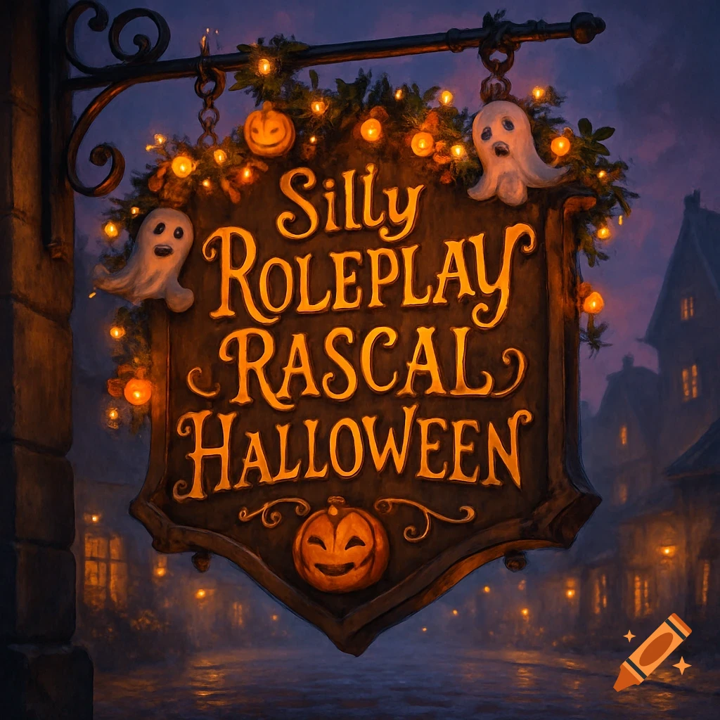 A decorative Halloween sign with "Silly Roleplay Rascal Halloween" text, surrounded by string lights, pumpkins, and cartoon ghosts, set against a dark, misty street at night.