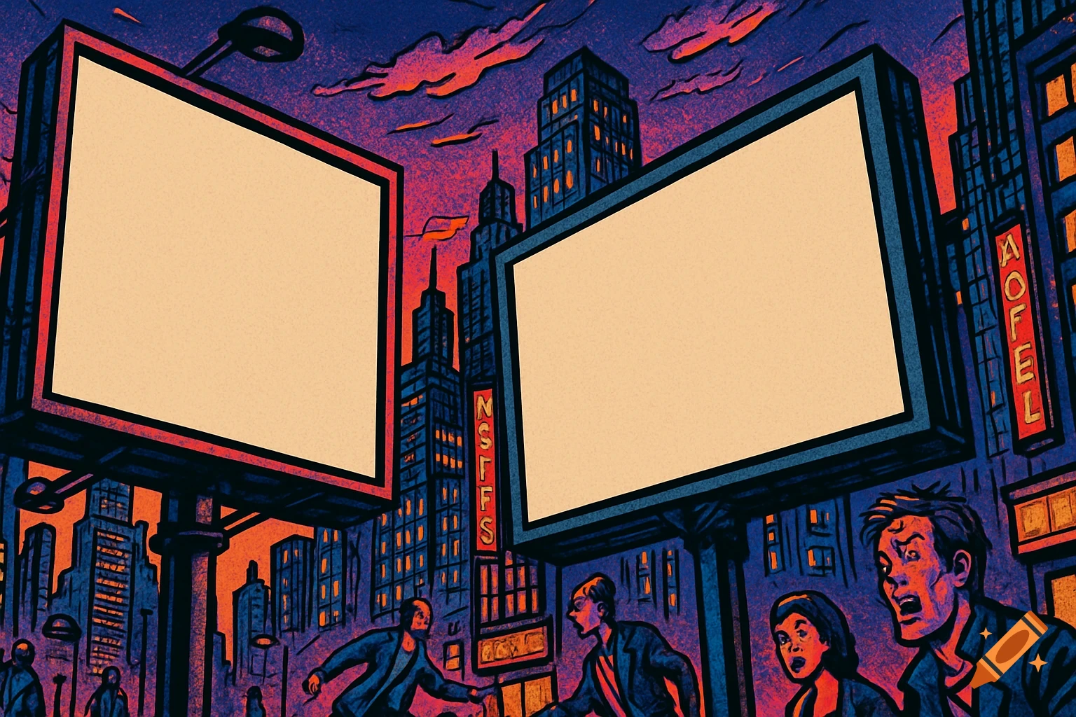 A comic art cityscape at night with two large, empty billboards and distressed figures below.
