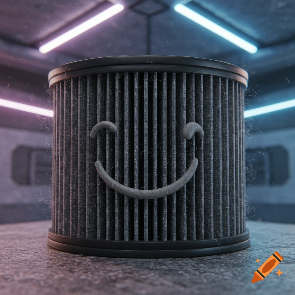 A dusty cylindrical air filter with a smiley face on an industrial floor under pink and blue neon lights.