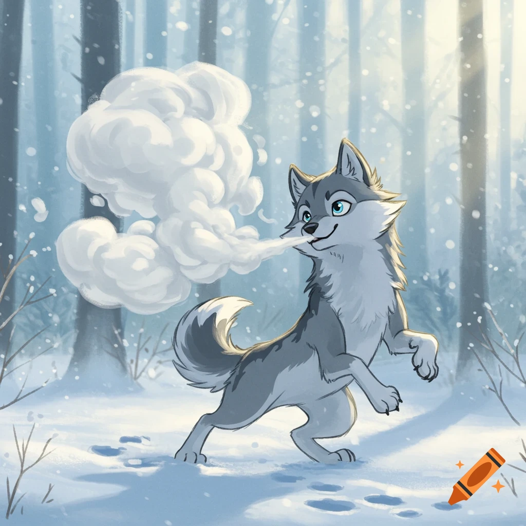 A happy cartoon wolf with blue eyes exhales a large cloud of white breath in a snowy winter forest.