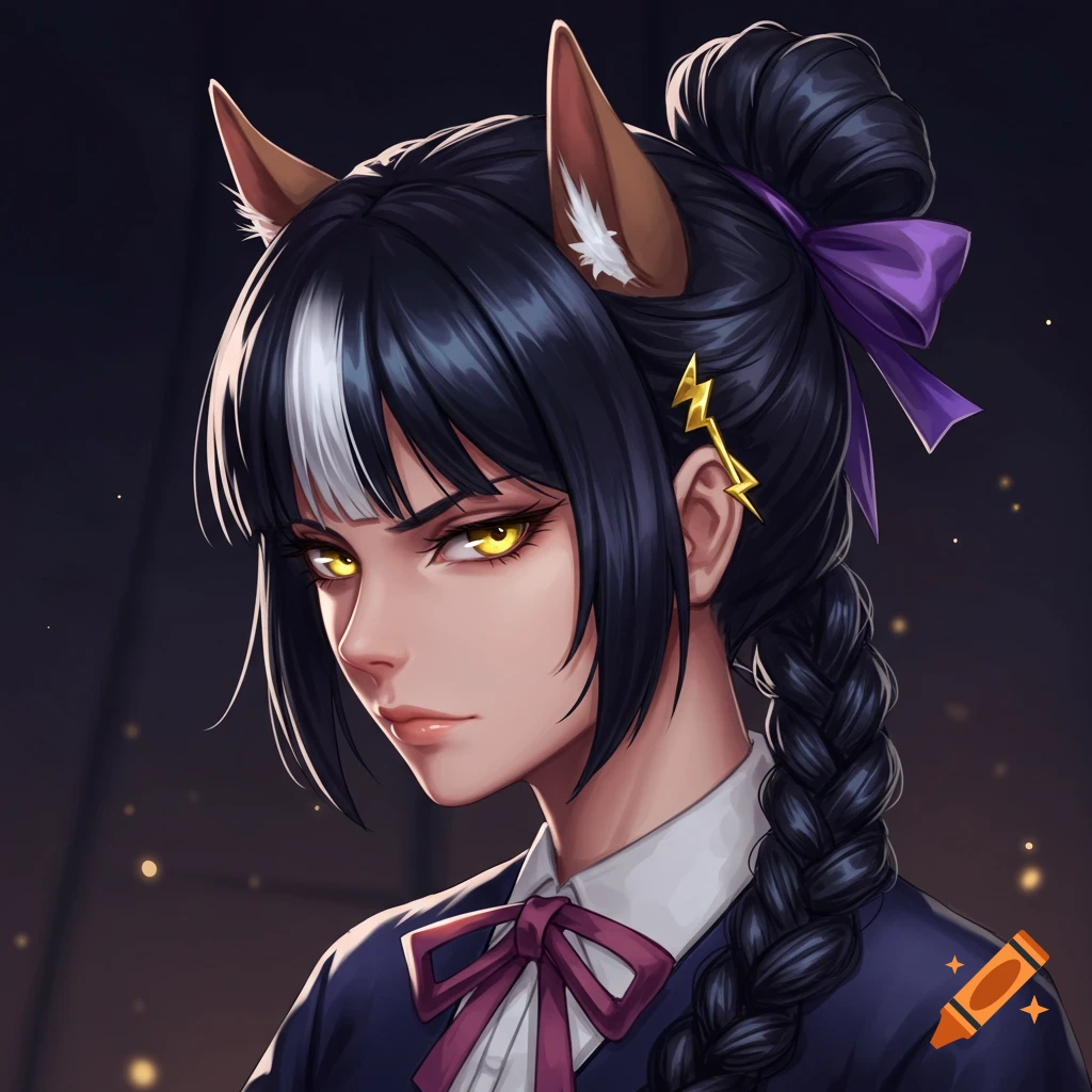 An anime girl with black hair, horse ears, yellow eyes, a white streak in her bangs, a lightning bolt ear cuff, and braided hair tied with a purple bow.