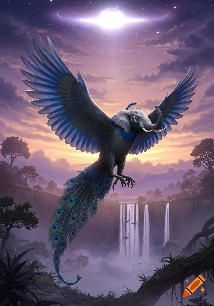 A majestic fantasy creature with an elephant head and body, blue bird wings, and a peacock tail, flies over a jungle with waterfalls under a cosmic sky with a bright moon.