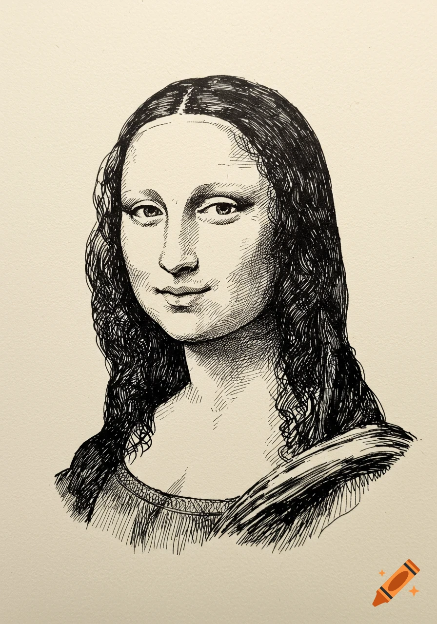 A black and white hatching and cross-hatching drawing of the Mona Lisa from the shoulders up on a light beige background.