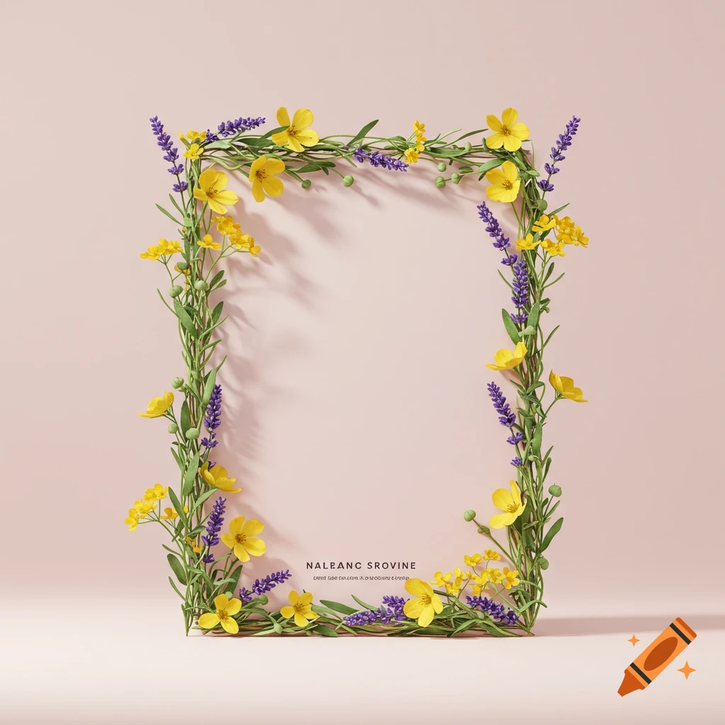 A frame made of yellow buttercups and purple lavender on a light pink background, with space for text in the center.