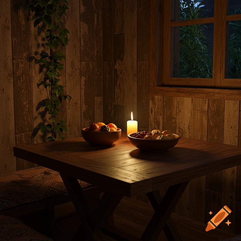 A warm, dimly lit wooden room with a table holding two bowls of fruit and a glowing candle, seen at night.