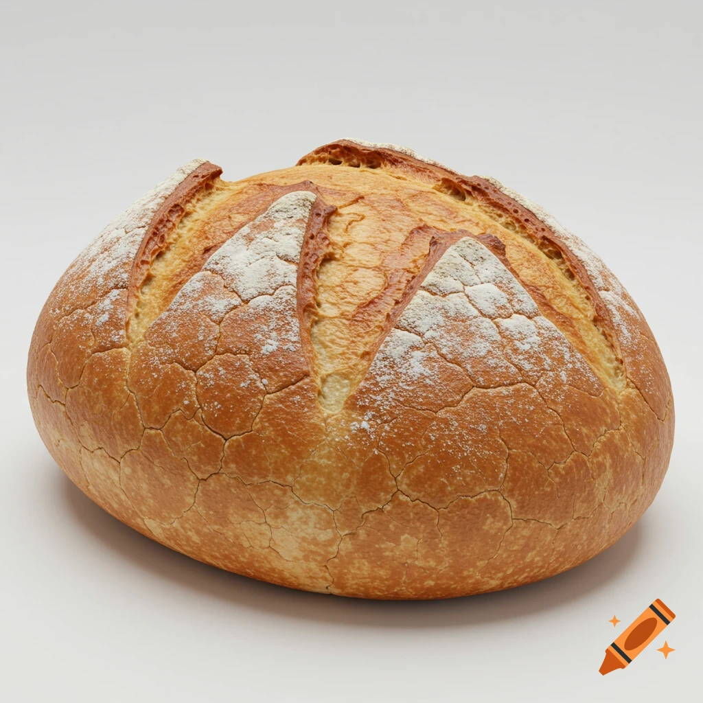 A golden-brown loaf of rustic bread with scoring and dusted with flour, sitting isolated on a white background.