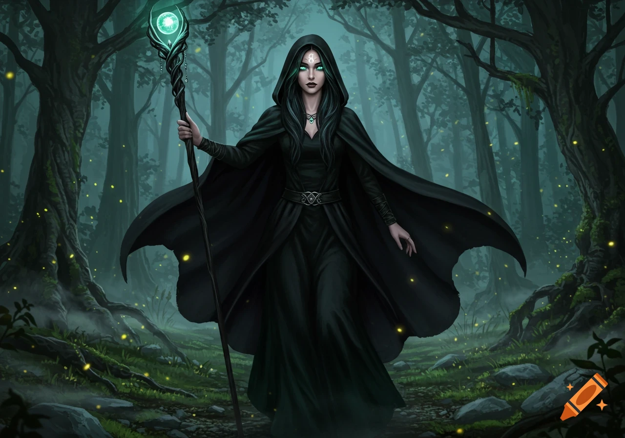 A witch in a dark hooded cloak holding a glowing staff stands in a misty, enchanted forest with glowing lights.