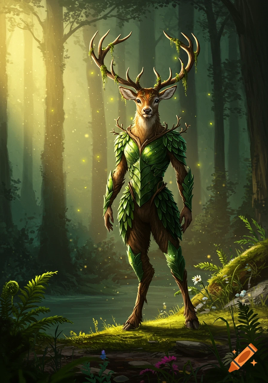 An anthropomorphic deer-like creature wearing green leaf armor stands in a lush, sunlit forest with glowing fireflies.