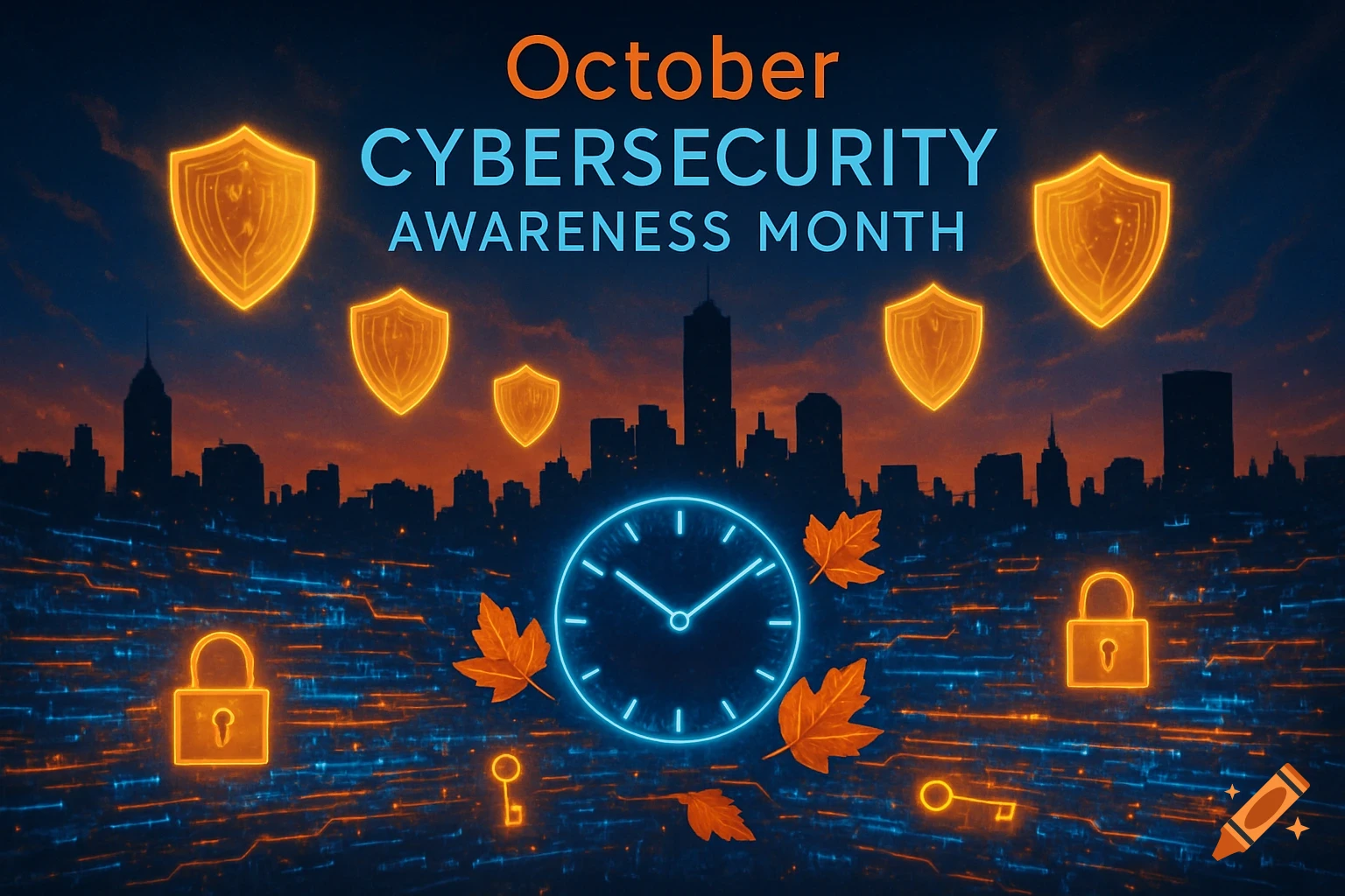 Stylized image for October Cybersecurity Awareness Month with a cityscape, glowing shields, locks, keys, a clock, and autumn leaves.