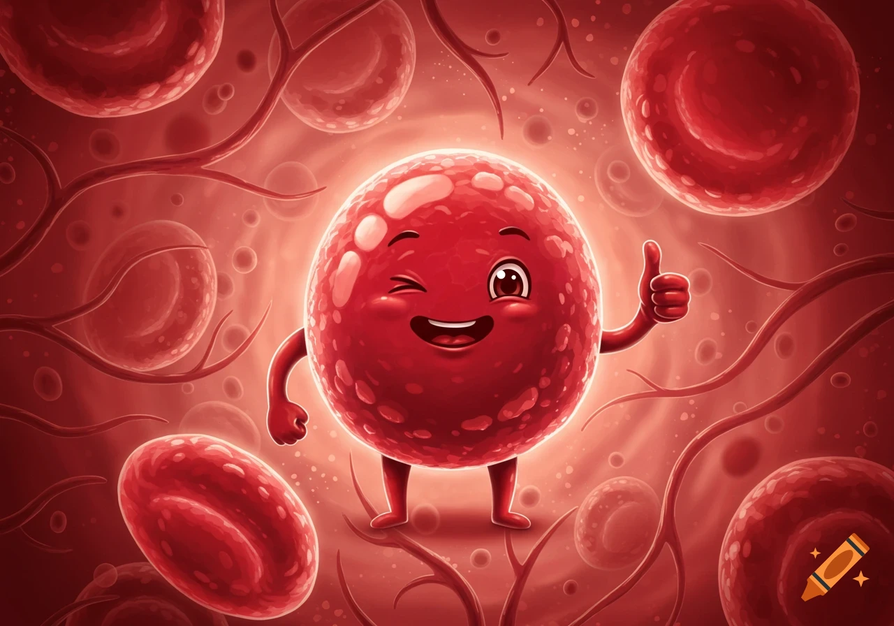 A cheerful, winking cartoon red blood cell giving a thumbs-up, surrounded by other red blood cells and capillaries.