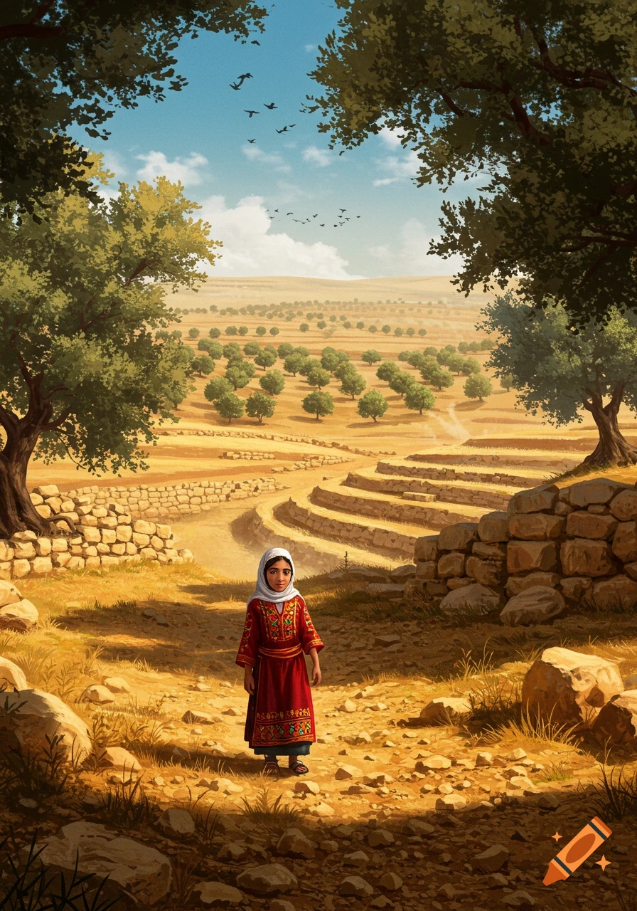 A young child in traditional Palestinian dress stands on a dirt path in a terraced olive grove landscape, digital painting.