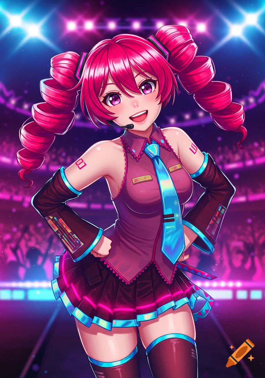 An anime-style character with bright pink pigtails, a microphone headset, and a stage outfit with a blue tie, posing happily on a concert stage with bright lights.