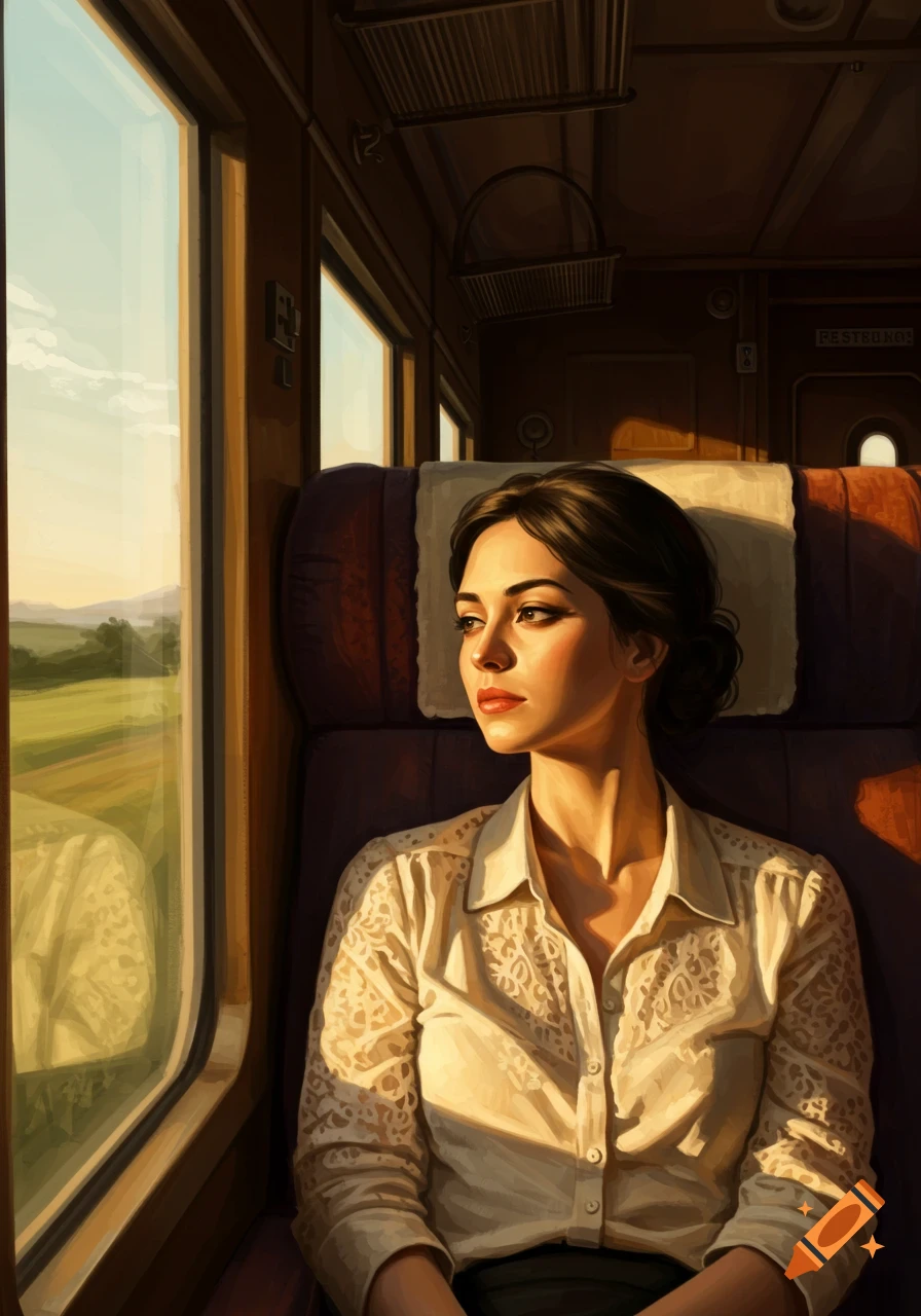 An illustrated portrait of a pensive woman in a white lace blouse sitting on a train, looking out the window at a sunny green landscape.
