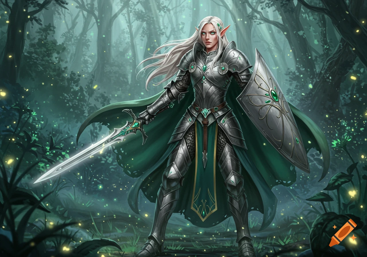 A white-haired female elf paladin in intricate silver and green armor stands in an enchanted forest, holding a sword and shield.