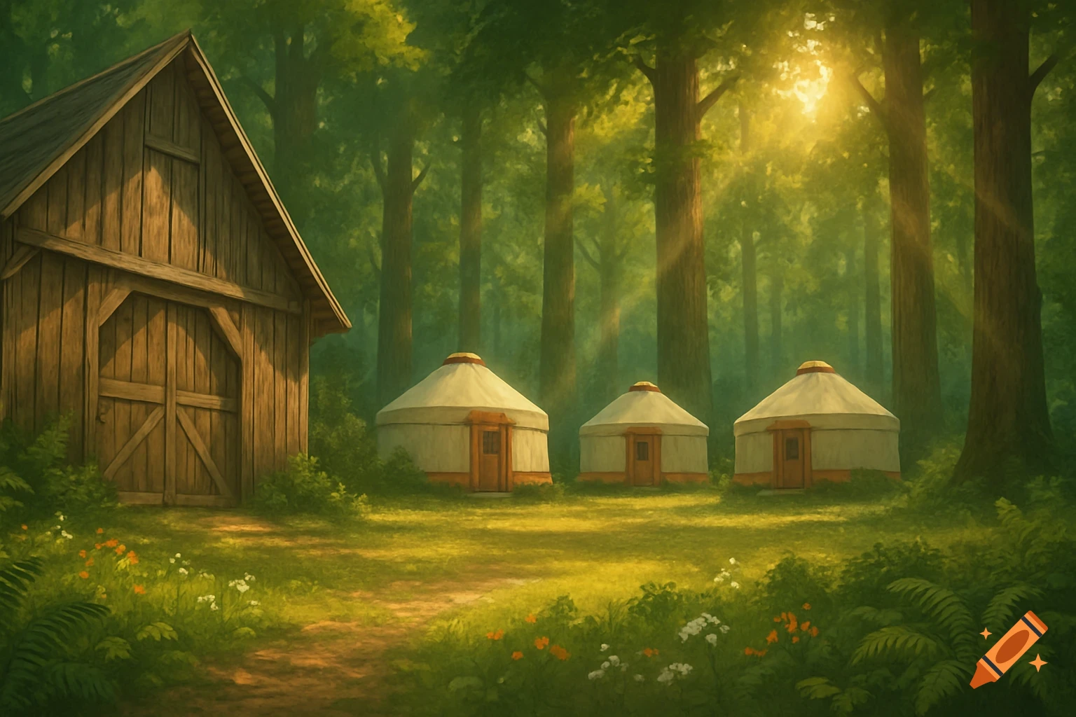 Digital painting of a sunny forest clearing with a wooden barn on the left and three yurts in the center.