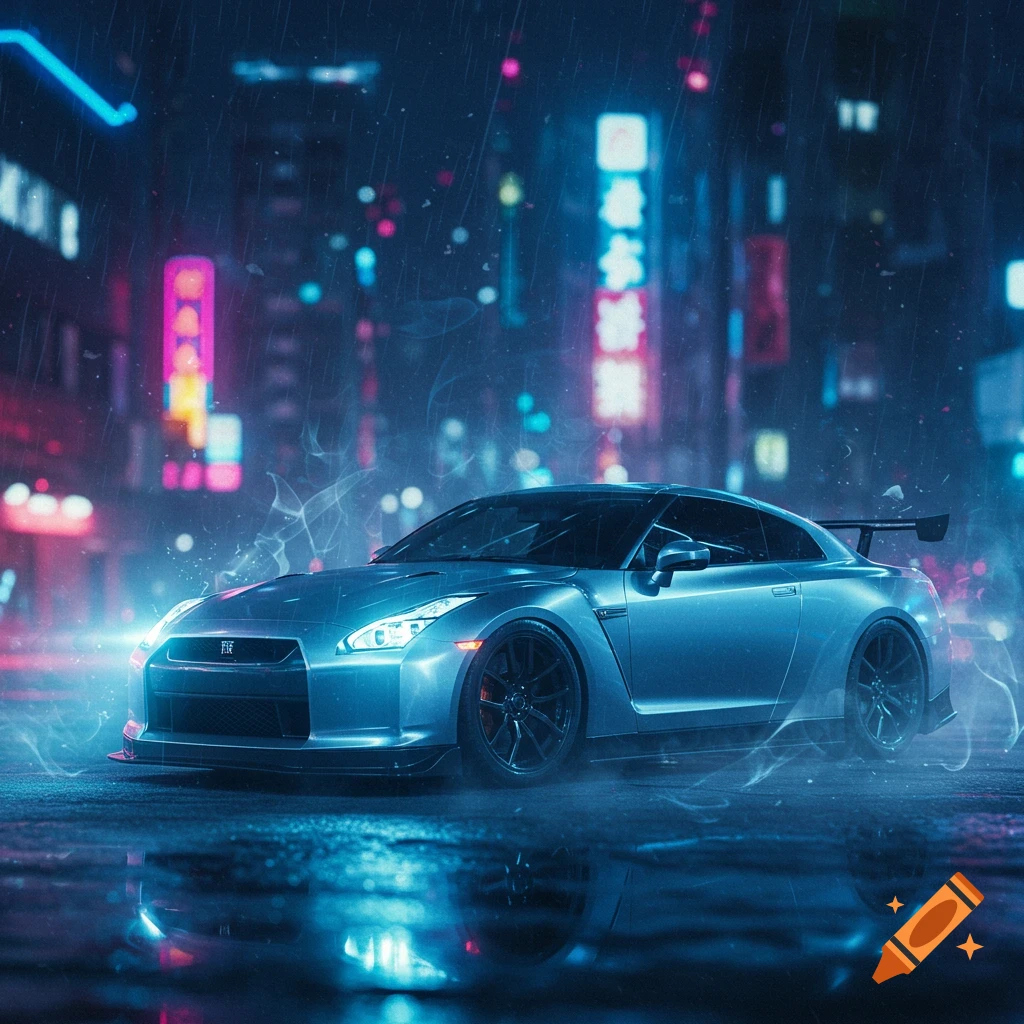 A silver Nissan GT-R R35 on a rainy city street at night, glowing with blue neon lights and reflections.